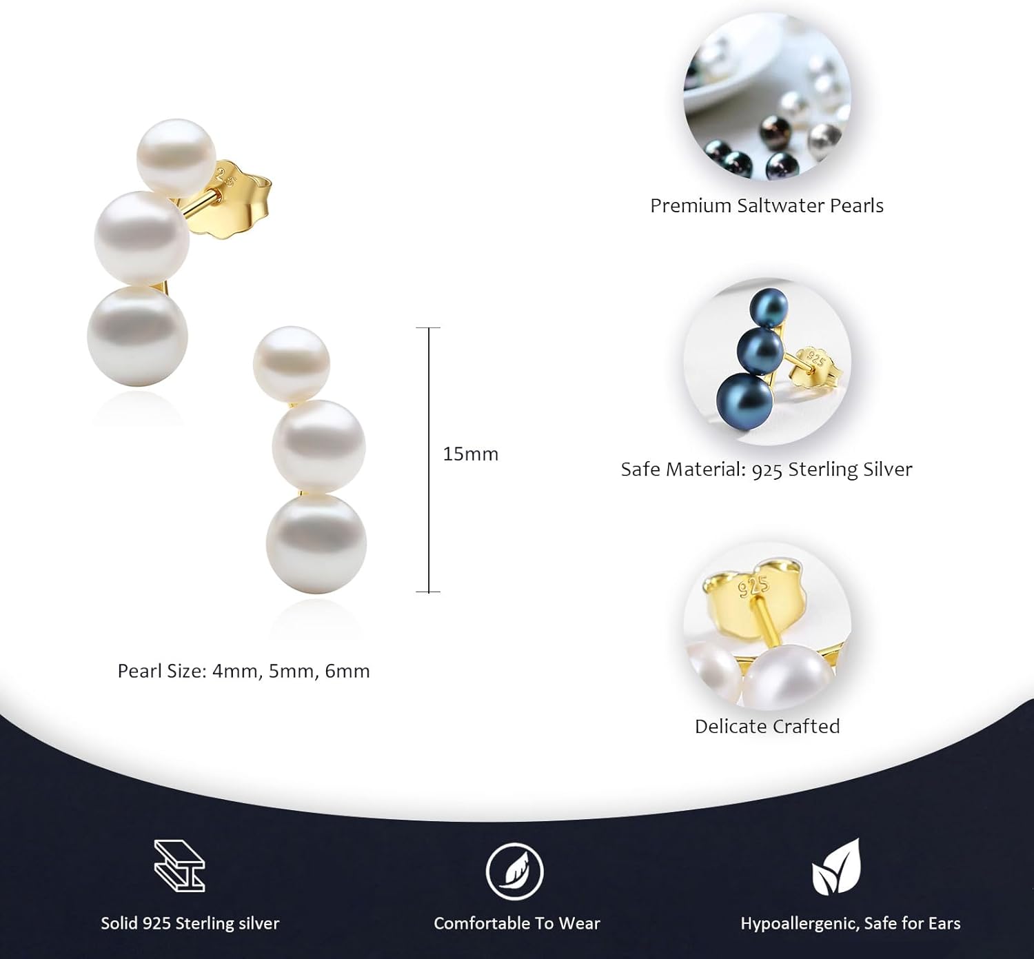 YAMI Pearl Earrings for Women, Freshwater/Saltwater Cultured Pearls in 925 Sterling Silver, Hypoallergenic Earrings for Women, Black/White