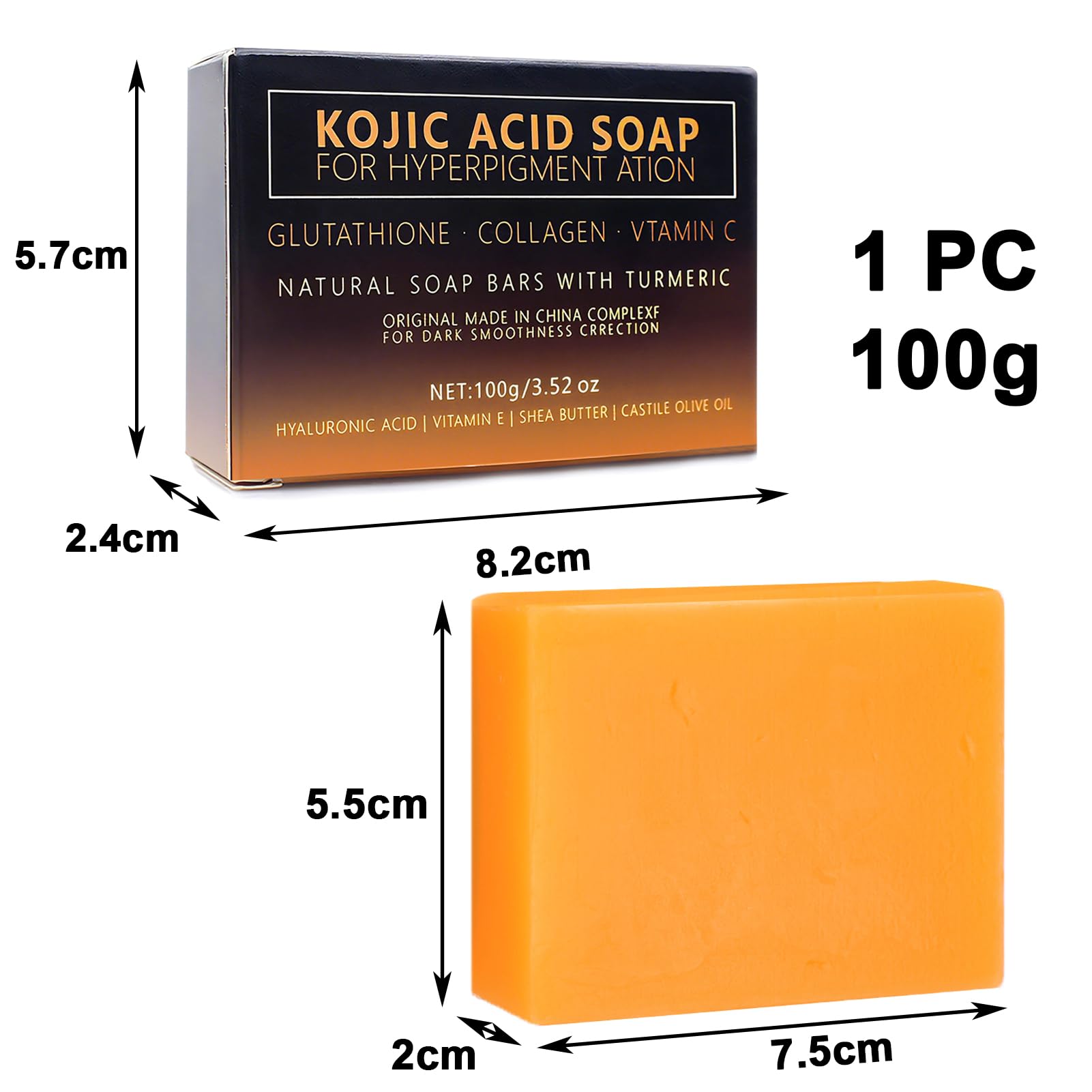 100g Kojic Acid Soap,Savon Eclaircissant,Savon Kojic,Turmeric Soap,Eclaircissant Peau Noir Rapide et Efficace,Les Visage et Corps,Hyperpigmentation Peau Noire