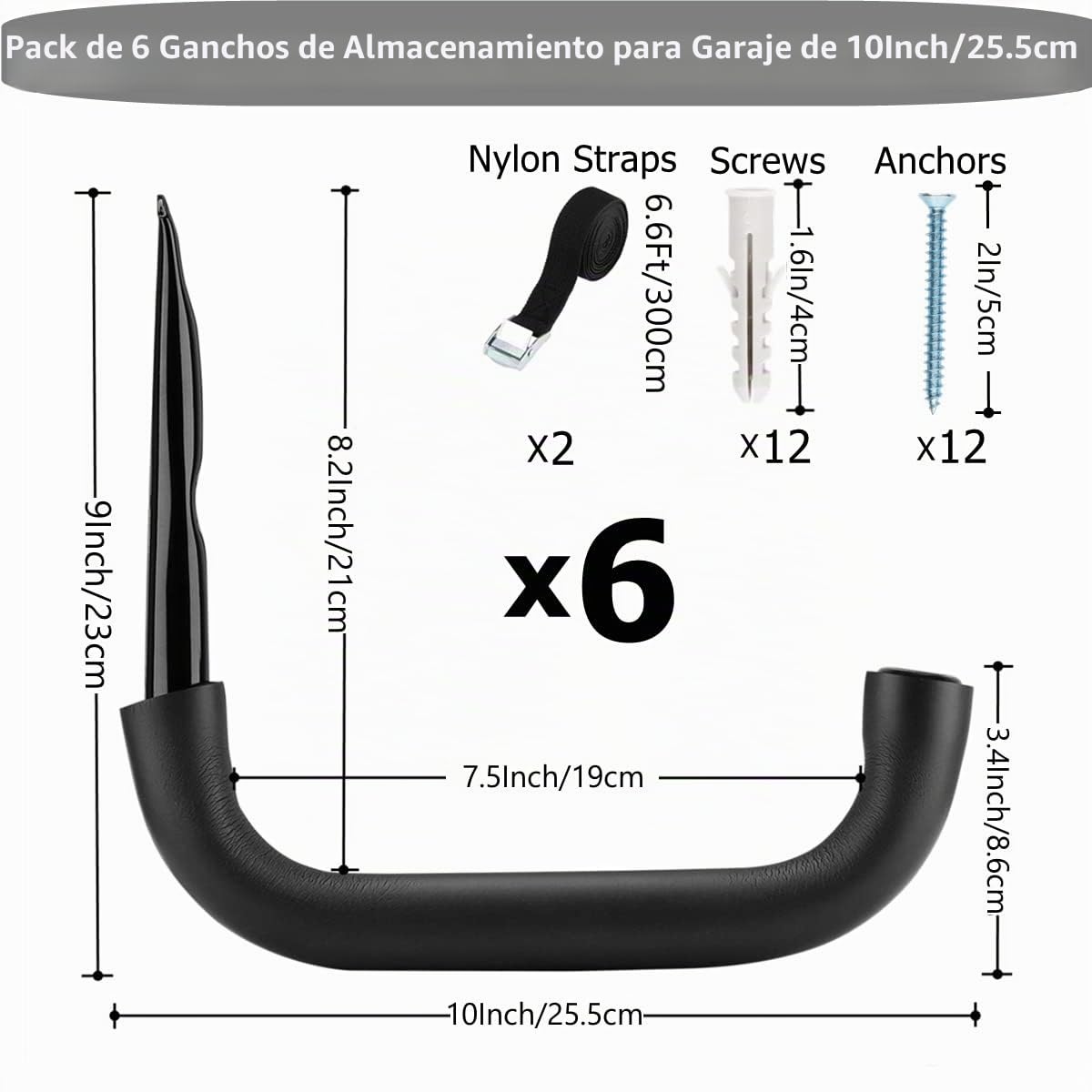 Paquete de 6 ganchos para escaleras de almacenamiento de garaje resistentes, 10 pulgadas de montaje en pared para bicicletas, herramientas de jardín, silla, manguera