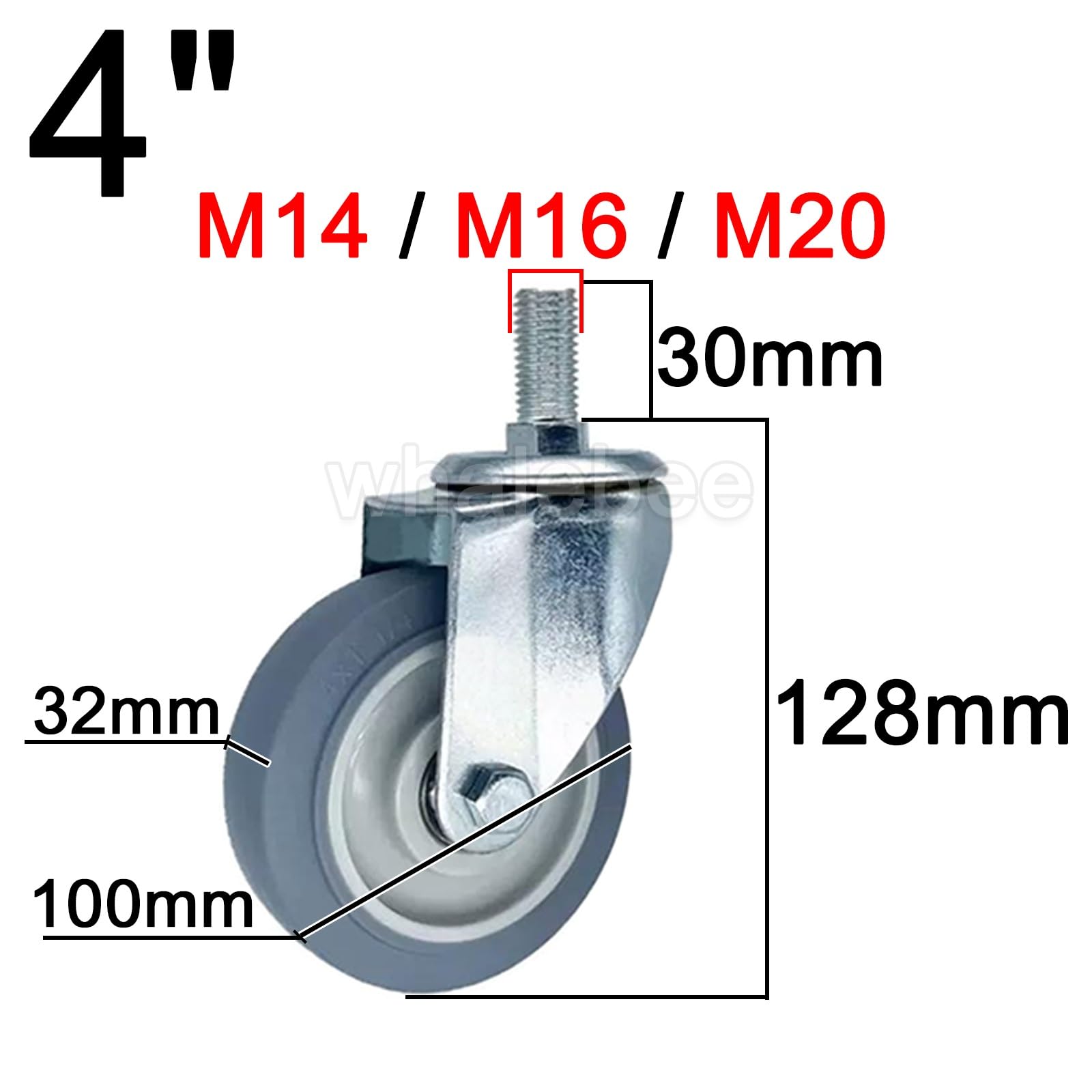 4 Pezzi Ruota Girevole Con Freno, Ruote Con Filettata M14/M16/M20×30mm Ruote Pivontanti Per Mobili 75/100/125mm Ruote Per Carrelli Silenziose, Per Carrello Da Cucina, Carrello DIY