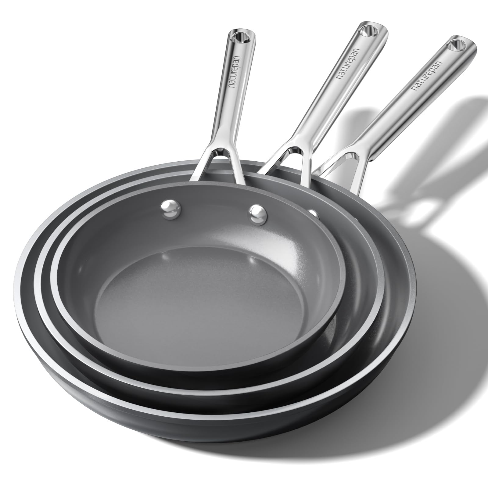 DiamondTitan Set 3 Sartenes Cerámicas (20+24+28 cm), Antiadherente para Todas Cocinas, Sin PTFE PFAS PFOA, Aptas para Horno, Lavavajillas con Mango que Permanece Frío (Gris)