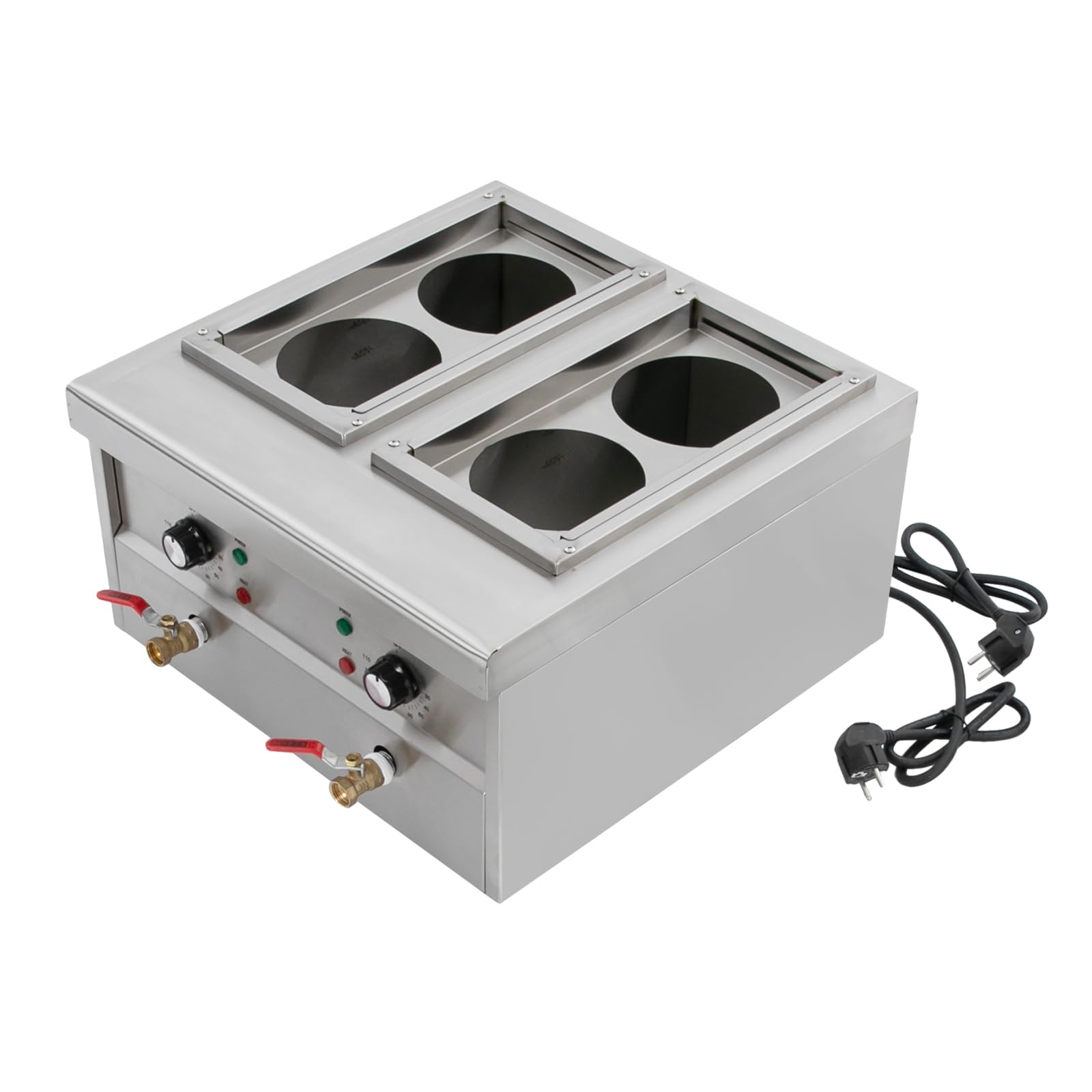 Fornello per pasta elettrica, 2 x 2 KW, comoda macchina per pasta con 4 cestelli, 220 V, design a 4 fori, capacità nominale 2 x 9 l, temperatura regolabile 30 – 110 °C