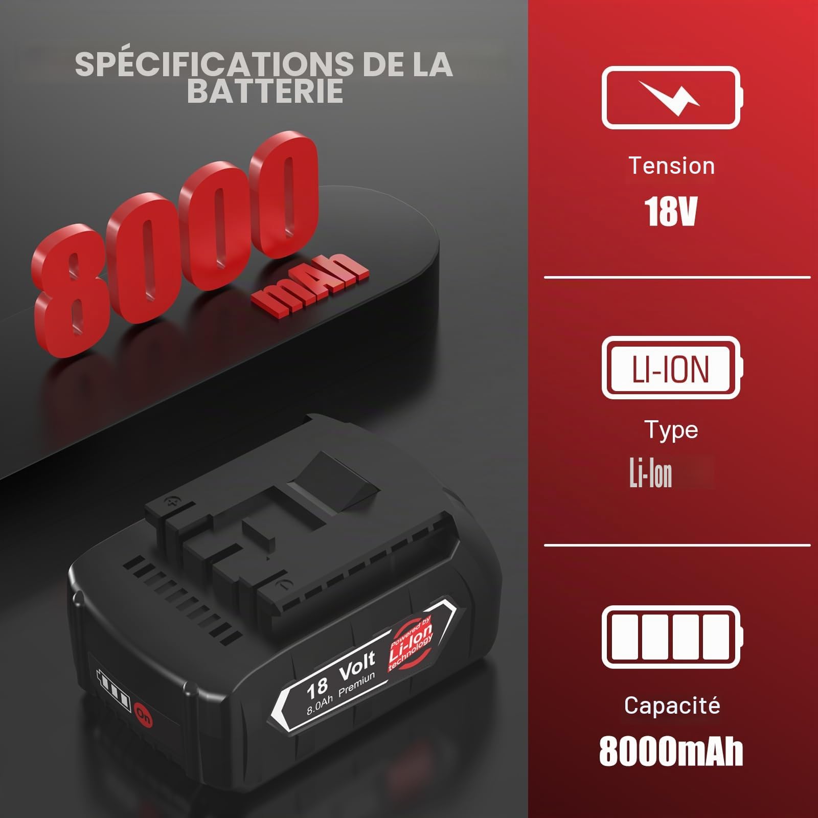 4X 8000mAh Remplacement pour Bosch Batterie 18V 8ah Série GBA BAT609 BAT609G BAT618 BAT618G BAT619 BAT619G BAT610G BAT610 BAT612 BAT622 avec Indicateur LED