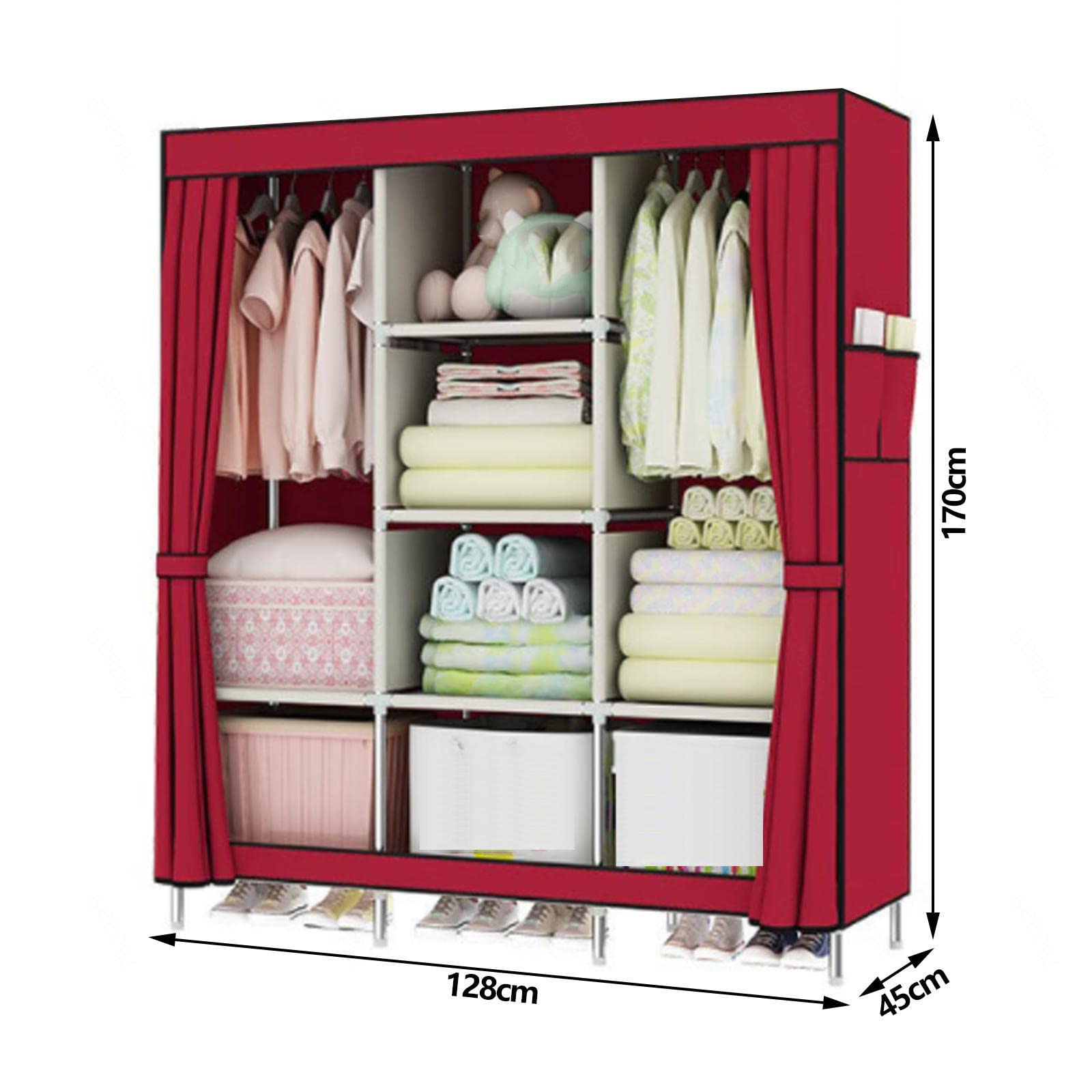 Armario,Armario de Lona Portátil,Armario de Tela con Barra para Colgar y Bolsillos Laterales,Armario Plegable para Dormitorio,Grey-128x45x170cm
