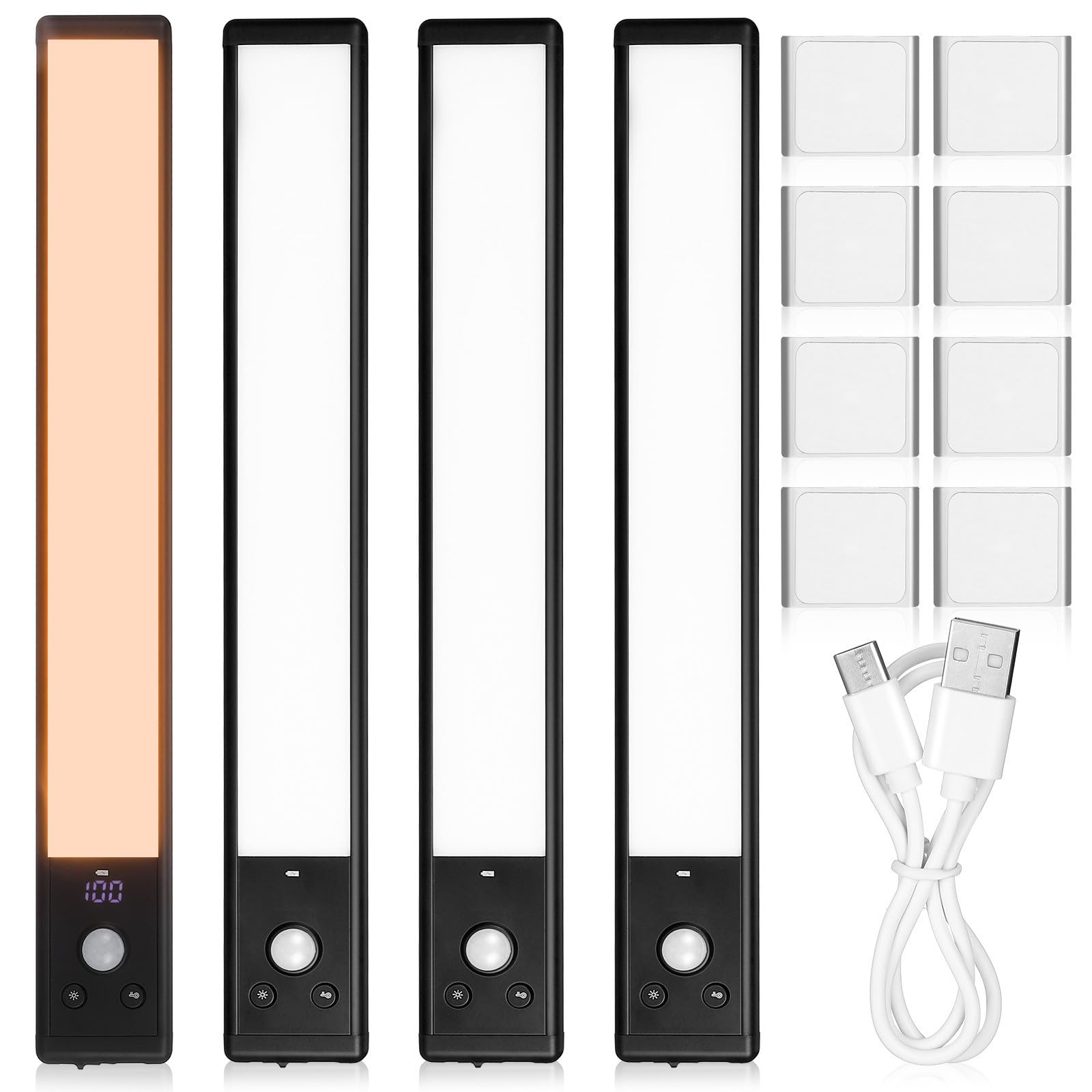 Artibetter 4 Stück LED Unterbauleuchten Schwarz mit Bewegungsmelder und Schnellladefunktion für Sichere Beleuchtung unter Küchenschränken und Treppen