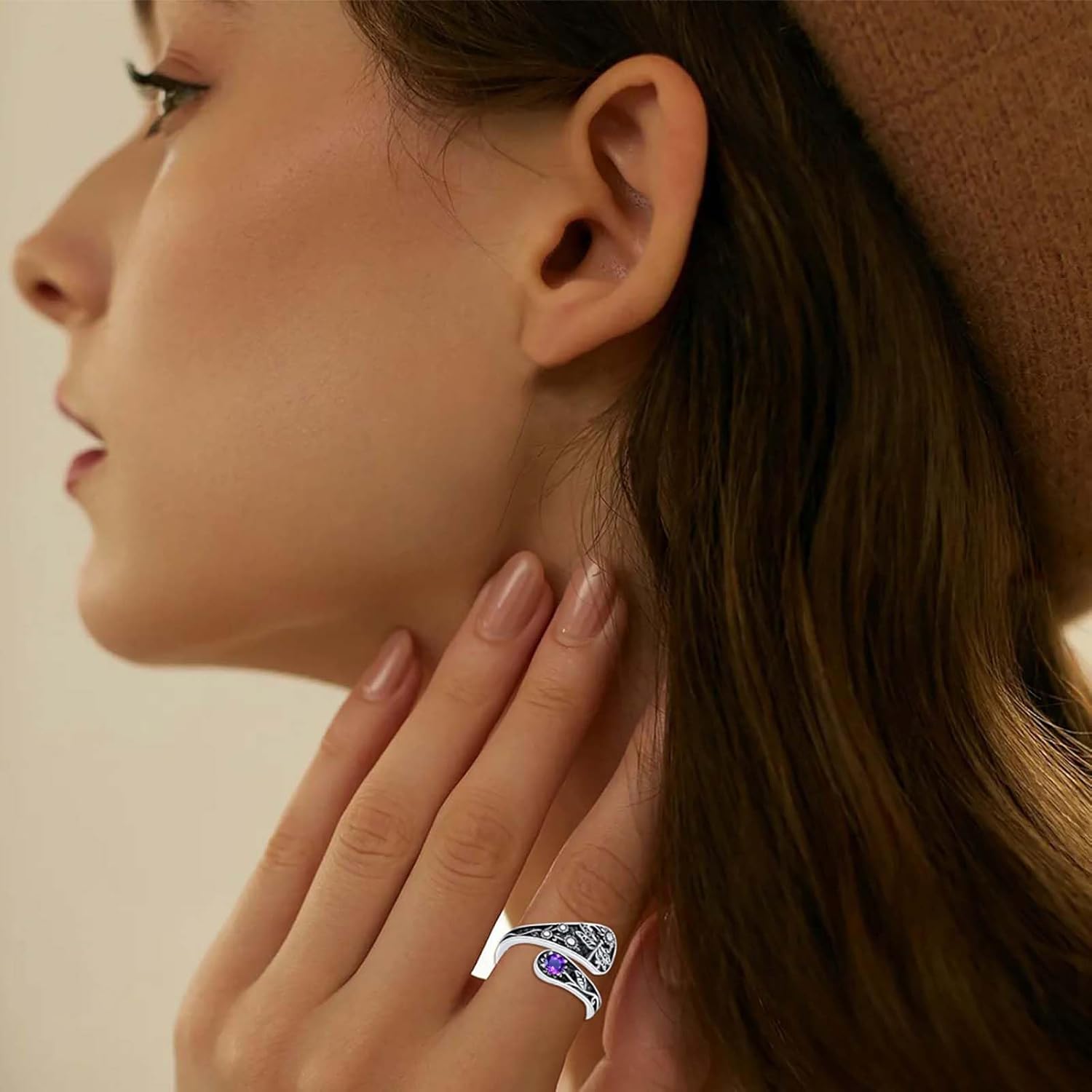 Genuine Amethyst Spoon Ring for Women 925 Sterling Silver Butterfly/Bee/Dragonfly/Eagle/Bird Spoon Rings Real Amethyst Jewelry for Her Wife - Image 4