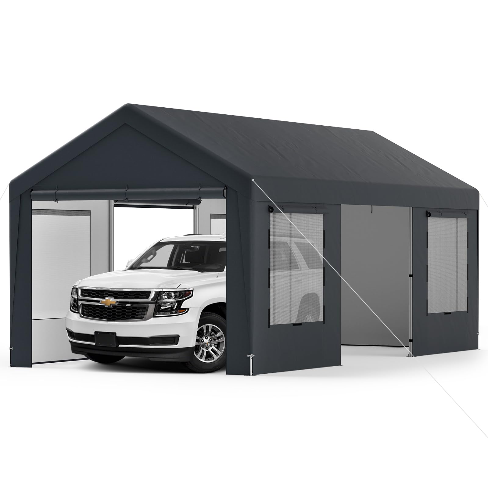 GYMAX 595 x 300cm Tente de Garage, Abri de Voiture Extérieur avec 8 Parois Latérales Amovibles, 4 Fenêtres en Maille Déroulables, Couverture PE, Toit pour Voiture, Camion, Bateau