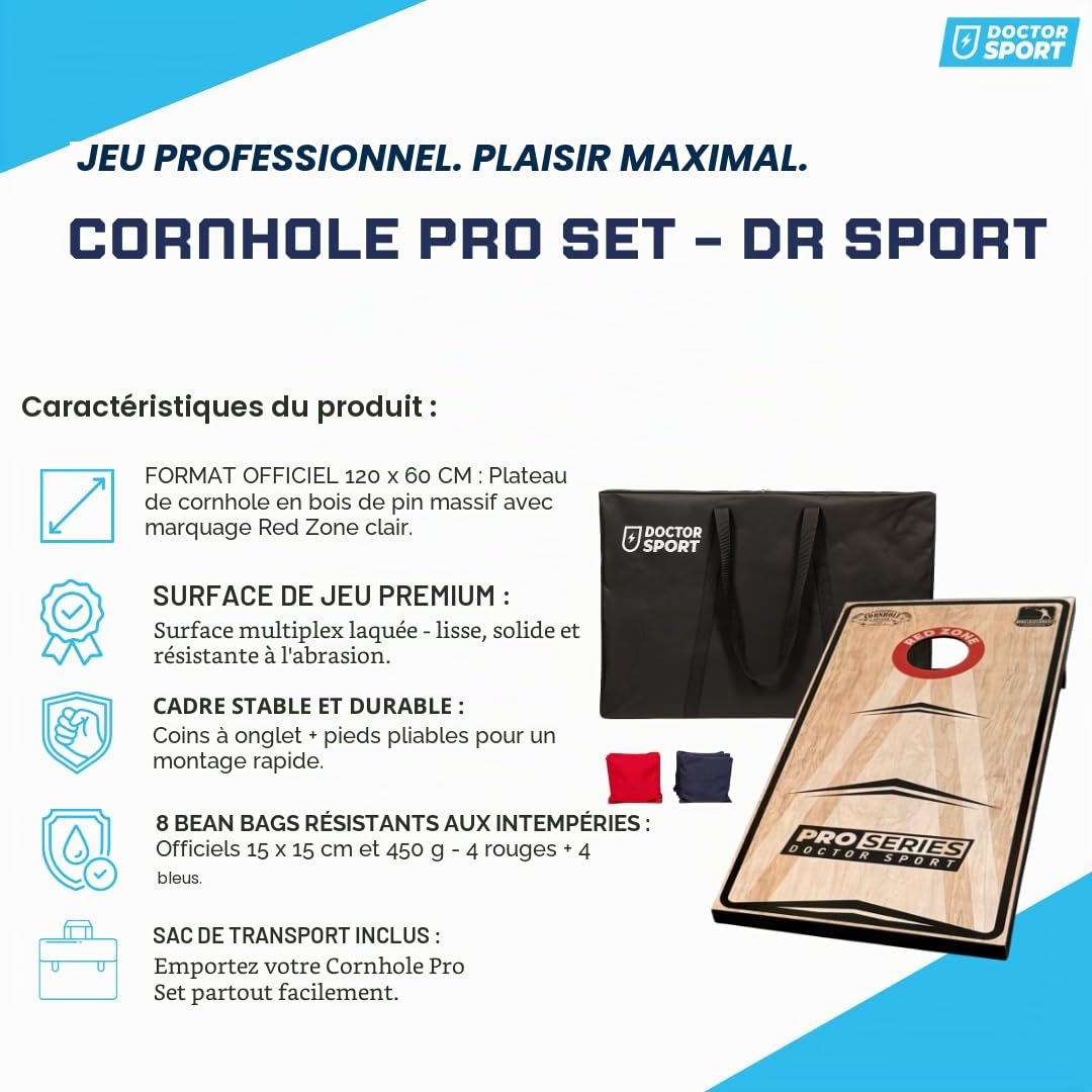 Cornhole Professional - 1 planche - 120 x 60 cm - Sacs officiels de 15 x 15 cm - Dans un sac de transport - Red Zone Original - Cornhole League 1883