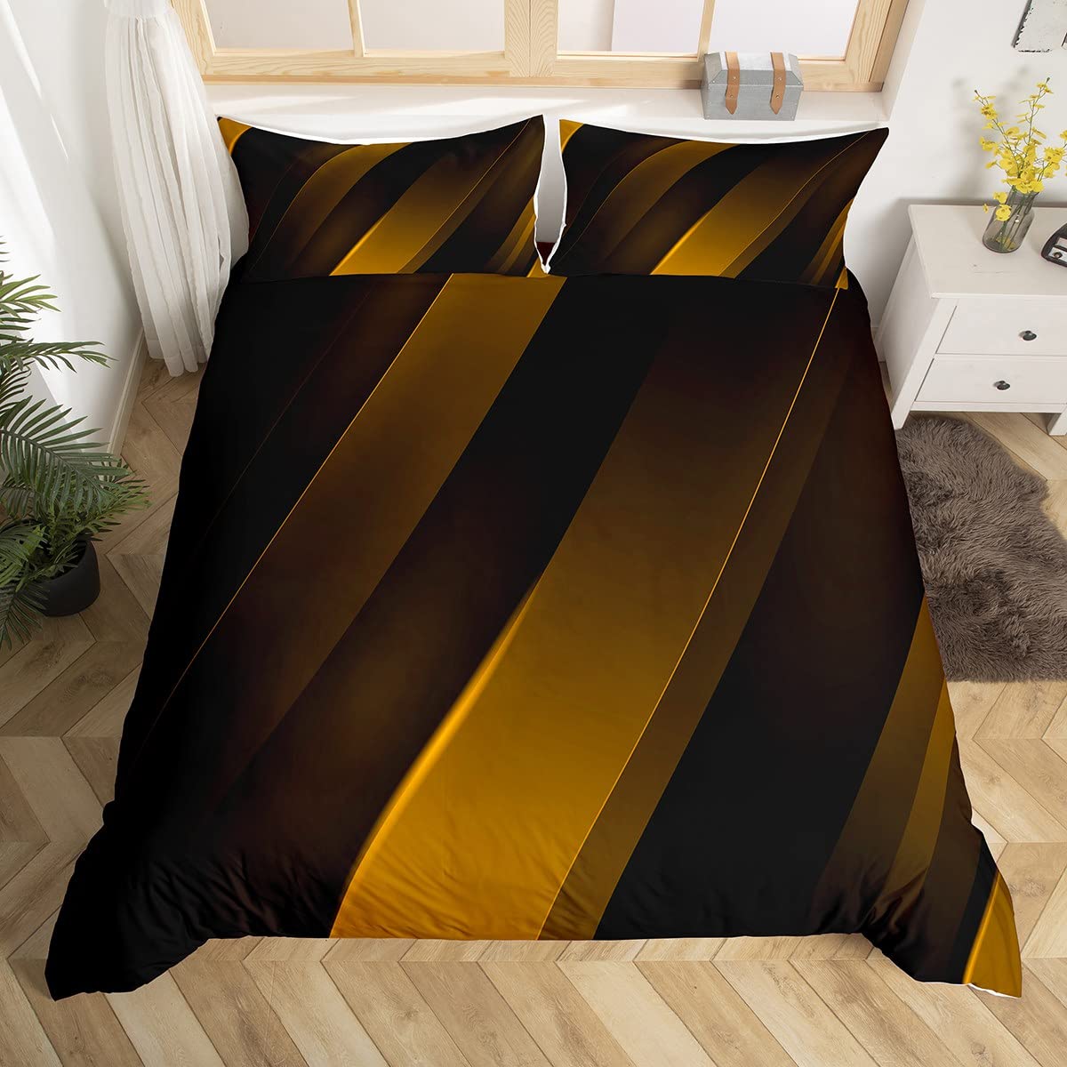 Housse de couette fluo et parure de lit rayures dorées pour chambre enfant ado