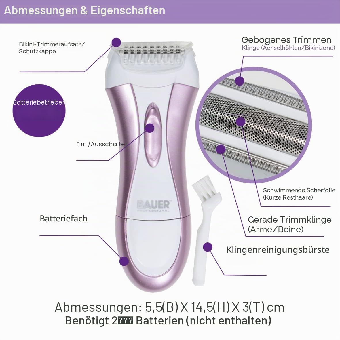 Bauer Soft & Smooth Damenrasierer – Elektrischer Nass- & Trockenrasierer für Beine, Achseln & Bikinizone, 2×AA Batterien, Edelstahlklingen, Violett - 38730