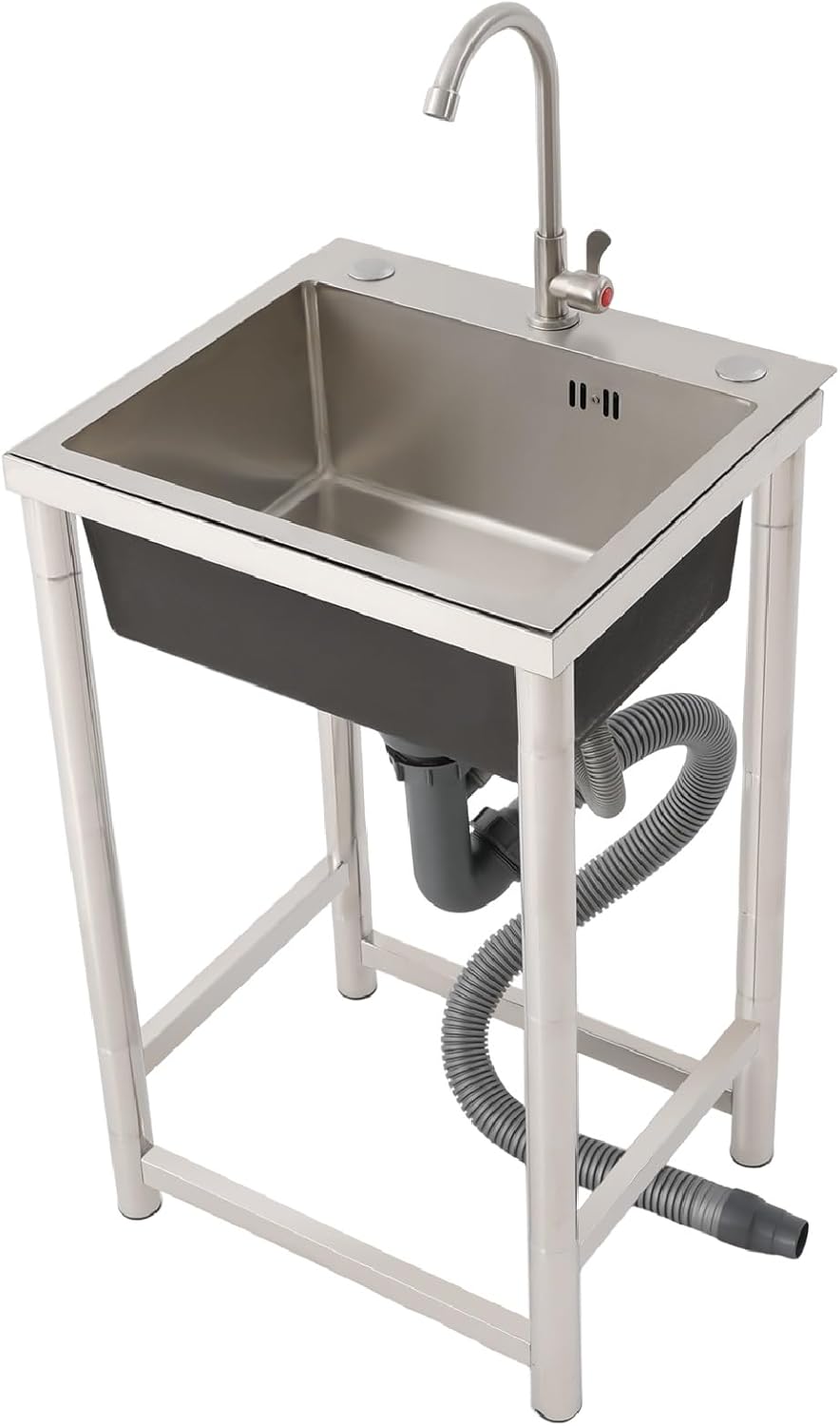 Single Bowl Commercial Sink, Stainless Steel Free Standing Kitchen Utility Sink with Faucet, Cold and Hot Water Pipe, for Restaurant, Garage Indoor Outdoor, 17.7x 15.75x 8.66 Inch, US Stock