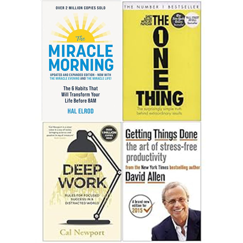 The Miracle Morning, The One Thing, Deep Work, Getting Things Done 4 Books Collection Set