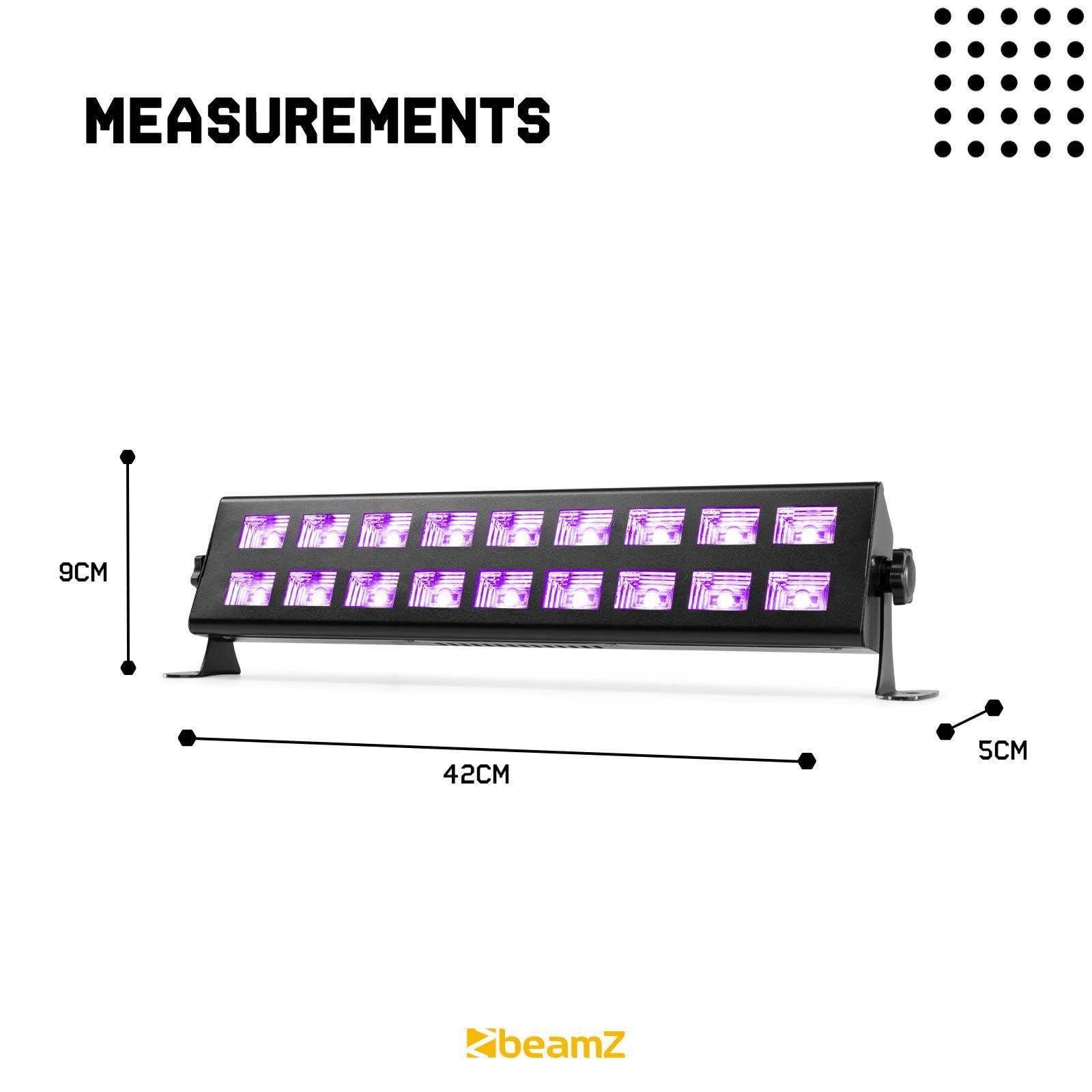 BeamZ BUV293 Barra de luz LED UV, 2x 9 LEDS, Lampara UV con Bombilla Luz Negra Ultravioleta, Luces Discoteca Profesional para Escenario, Dj, Actuaciones, Halloween Luces, Eventos