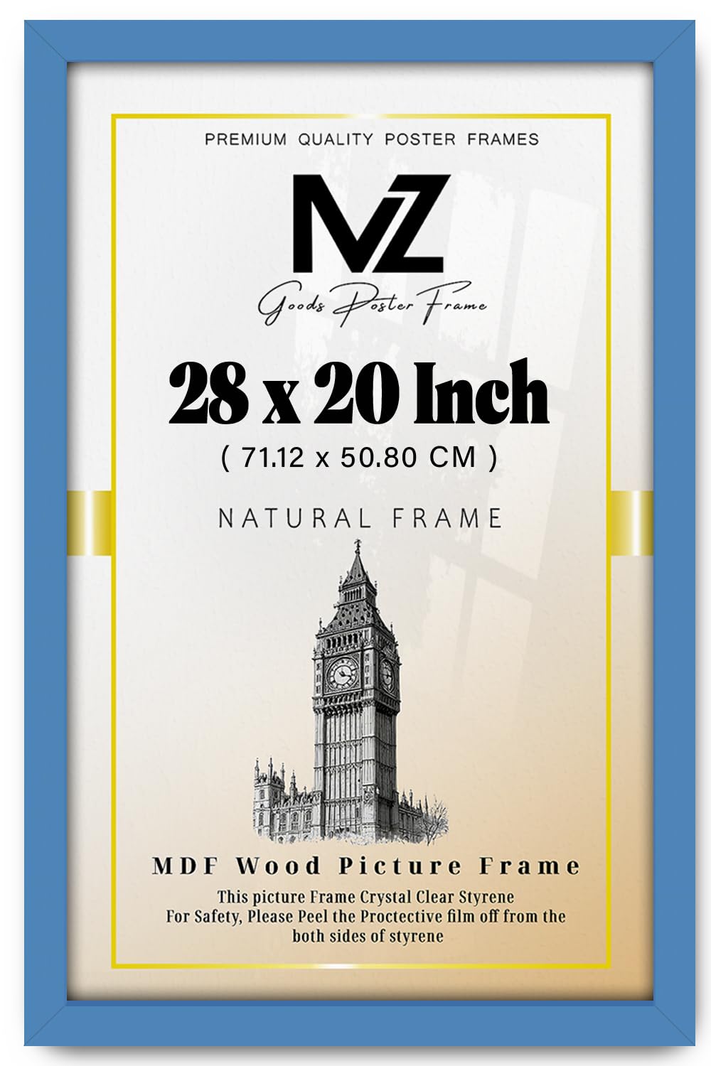 MZ GOODS | MDF Picture Frame (71.12 x 50.80 CM) 711.2 x 508 mm for Event Posters, Art Prints & Office Décor, Sturdy MDF Build, Portrait & Landscape Mounting Hooks Included [ Blue ]