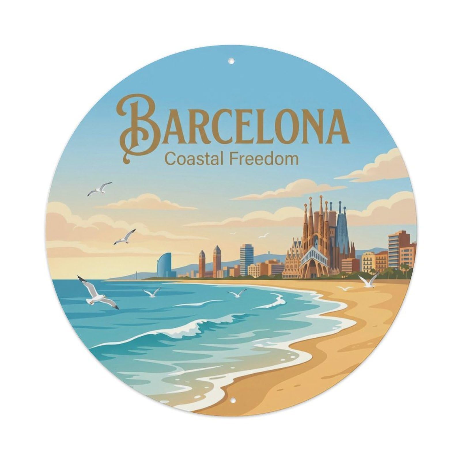 Vintage Travel Barcelona Seagull Coastal Bird Metal Tin Sign Plaque Wall Decor for Cafe, Club, Garden Round Metal Poster 8x8Inch