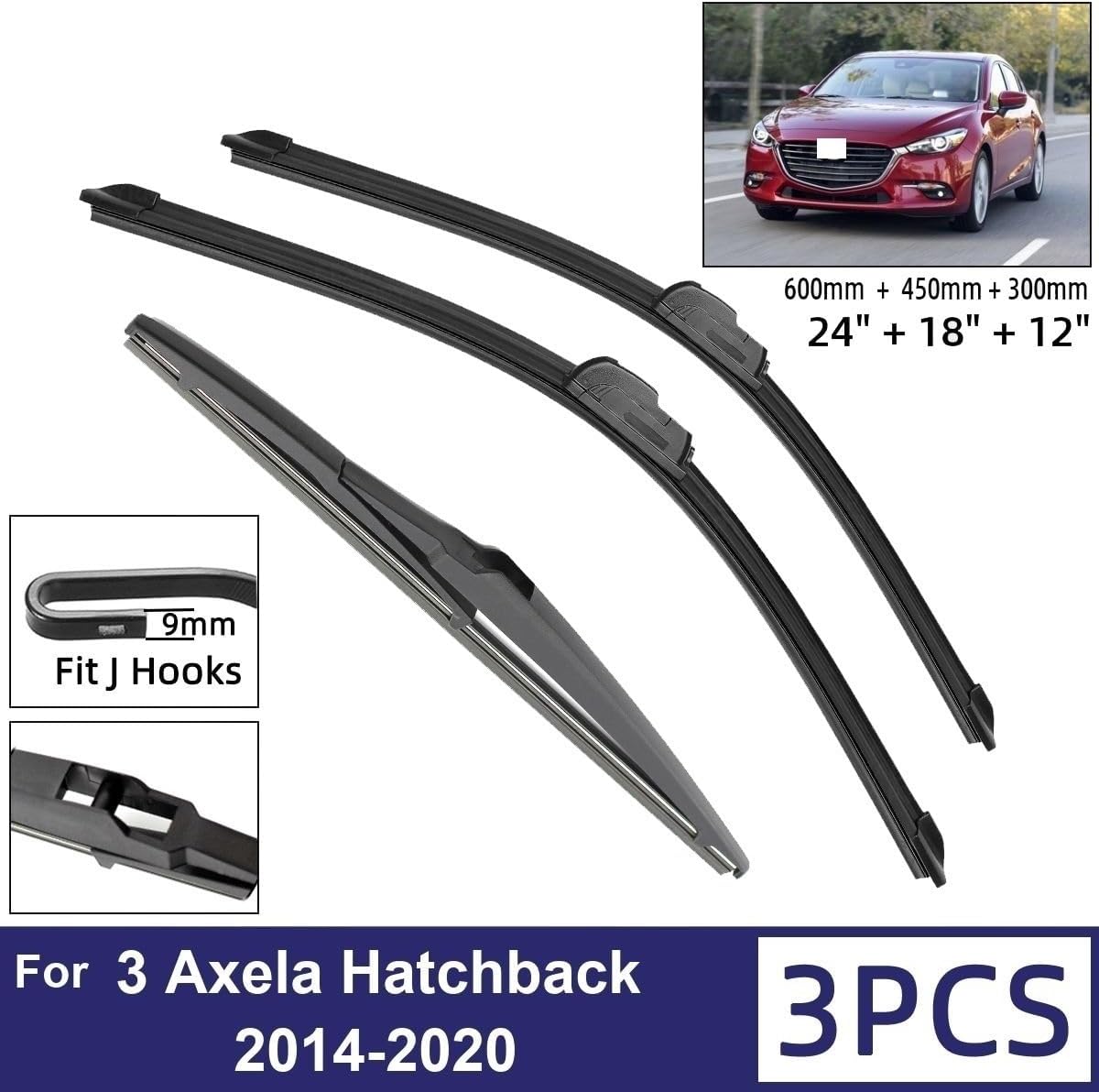Car Wiper Compatible with Mazda 3 Axela Hatchback 2014-2020 Car Front Rear Wiper Blades Soft Rubber Windscreen Wipers Auto Windshield 24"+18"+12" 2019 (Color : 6 wipers)