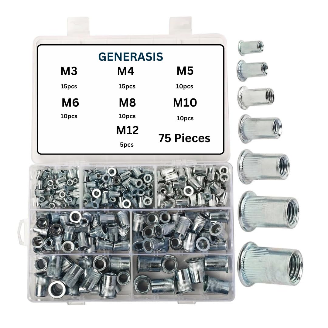 Metric Rivet Nut Kit - Zinc Plated, Flat Head, Knurled Body, Threaded Insert - 7 Sizes M3, M4, M5, M6, M8, M10, M12 (75 Pieces - 7 sizes Small Kit Rivet nut)