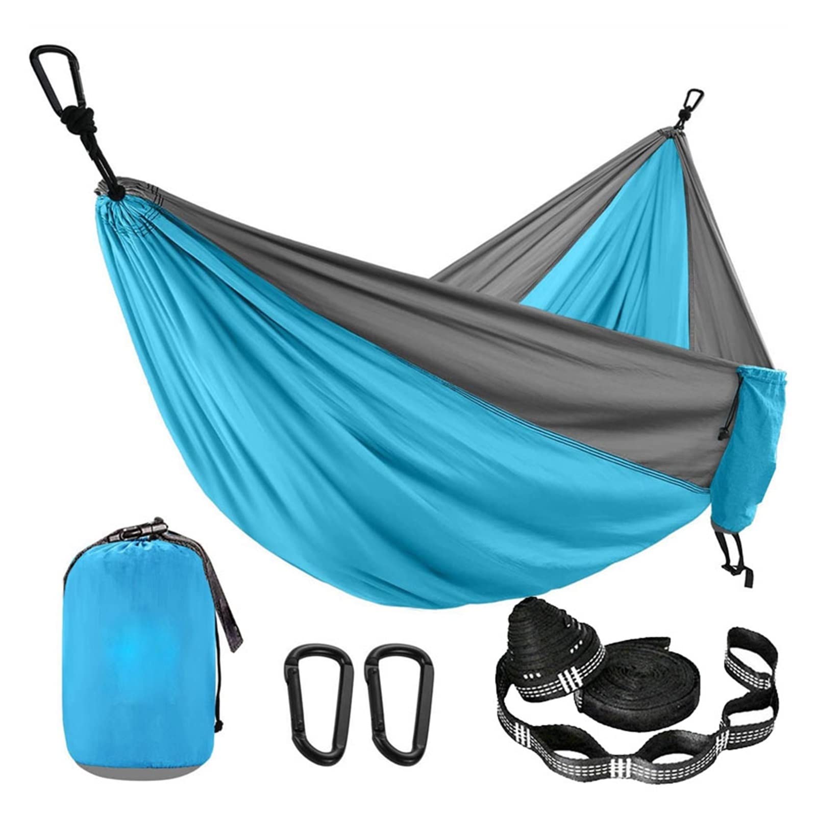 Huśtawka kolorowy hamak spadochronowy z paskiem hamakowym, trwały i przydatny, camping survival Travel podwójne meble ogrodowe wielofunkcyjny trapez (kolor: błękitny i szary)