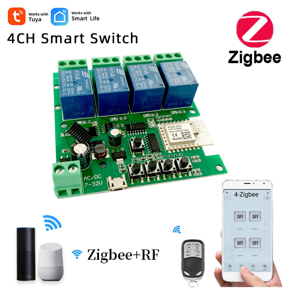 Modulo relè Zigbee Tuya Smart 4CH DC5V 7-32V RF433Mhz Interruttore della luce di controllo remoto Funziona con Alexa Home