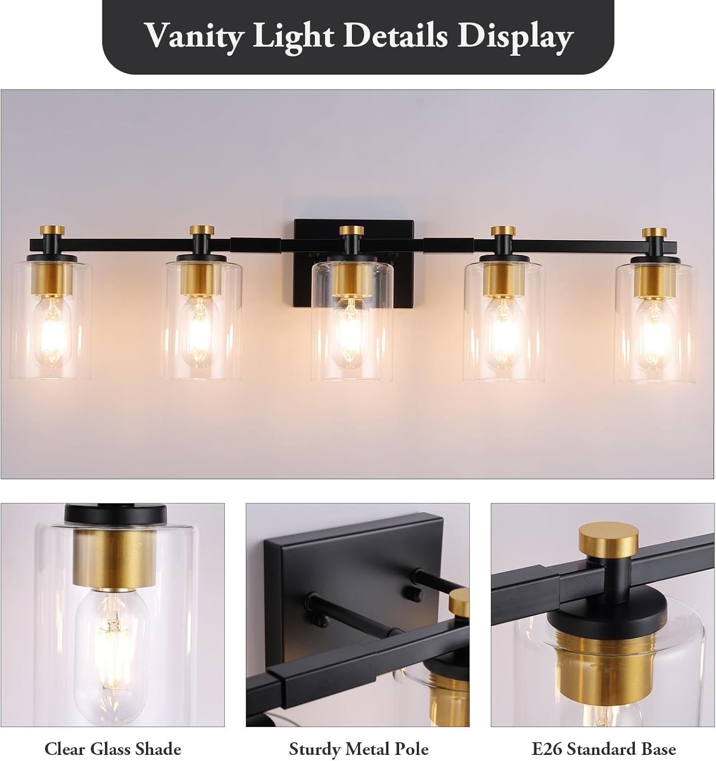 5 Light Bathroom Vanity Light Fixtures, Black and Gold with Clear Glass Shade, Modern Wall Sconce Over Mirror, Brushed Gold for Bathroom (E26 Base)