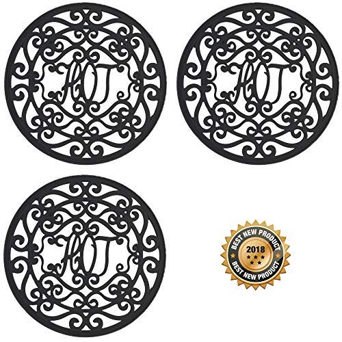 Silicone Trivet for Hot Dishes, Pots & Pans - Decorative Non Slip Mat 'Hot Ironworks' Design Gives a Rustic Charm Protective Pads for Kitchen Counter Love This Kitchen (7.5 in Round, Set of 3, Black)