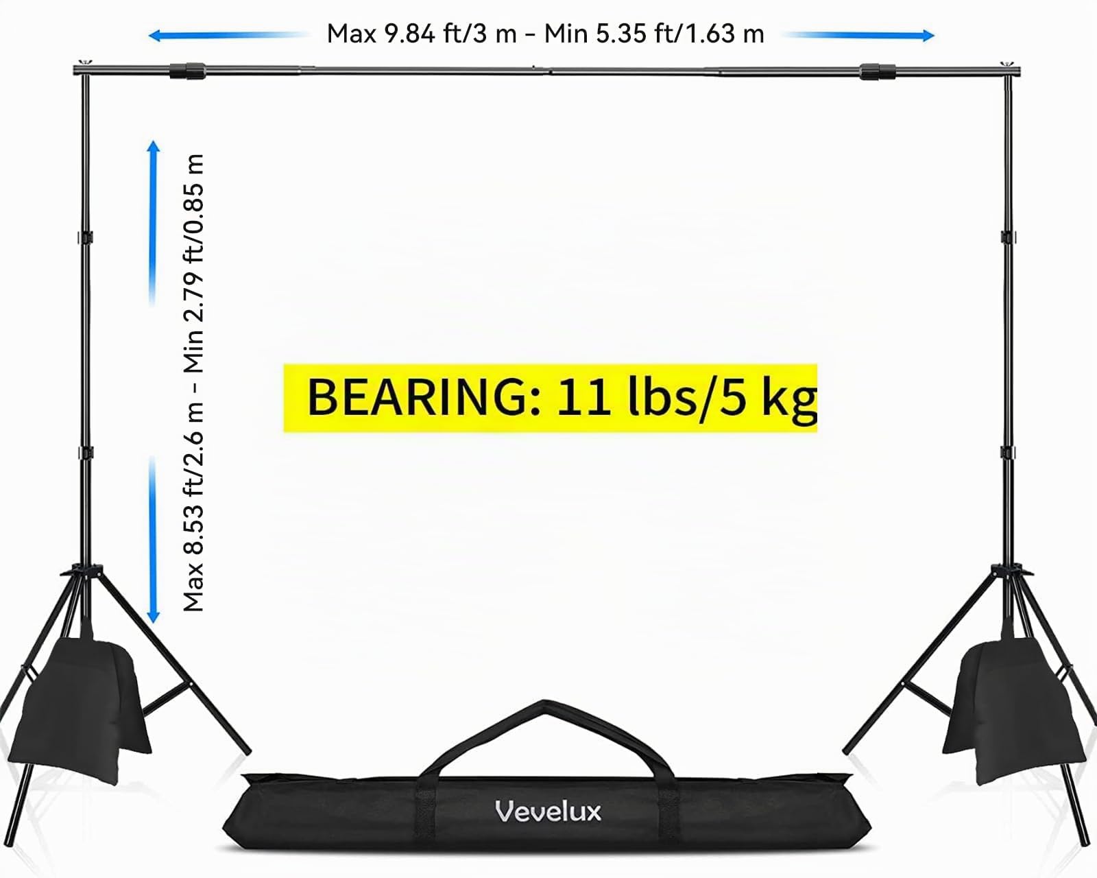 Supporto Fondale Fotografico, 2,6 x 3 M Kit Portafondali Regolabile con 8 Clip per Sfondo, 2 Sacchi di Sabbia e 1 Borsa di Trasporto per Studio Fotografico, Video, Ritratti e Feste