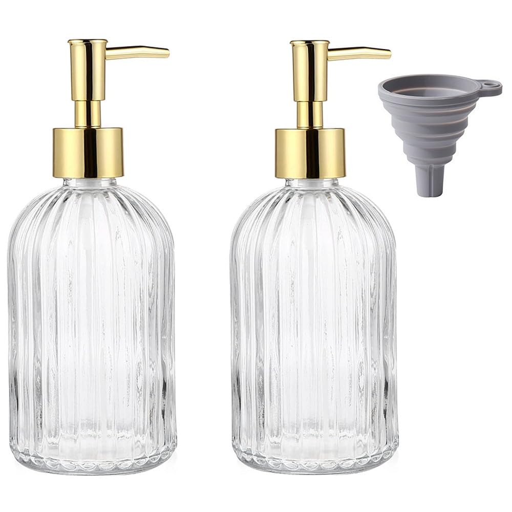TRIXES Botellas dispensadoras de jabón de Vidrio Acanalado, Paquete de 2, con Bomba Dorada y Embudo de Silicona, 400 ml