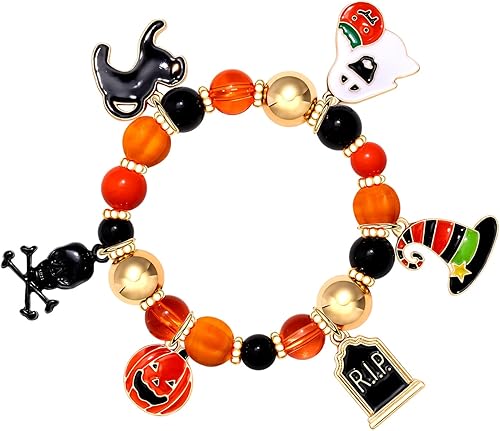 CEALXHENY Pulseras de Halloween con dije de calabaza fantasma, pulseras de cuentas elásticas para mujer