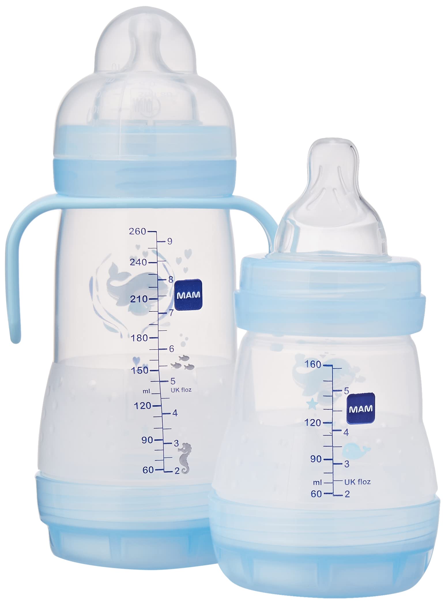 Mam Easy Start Anti-Colic Babyflasche, 8 Flaschen in den Formaten 130 ml, 160 ml und 260 ml, 1 Start Nano, 4 Dichtstoffscheiben, 1 extra weicher und griffiger Ausgießer, Sortiert Farbe, 7- 30 g