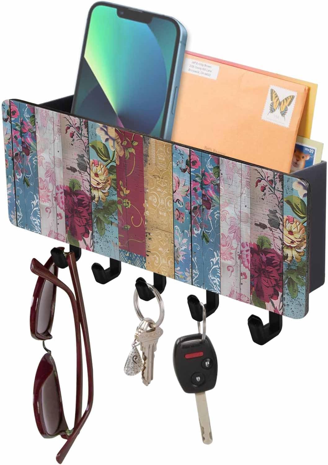 Vintage Flower Key Holder Wall Mount,Shabby Chic Farmhouse Wood Grain Black Hanging Mail Organizer with 5 Key Hooks Wall Decorative,Adhesive Key Rack with Shelf for Hallway Kitchen Farmhouse Entryway