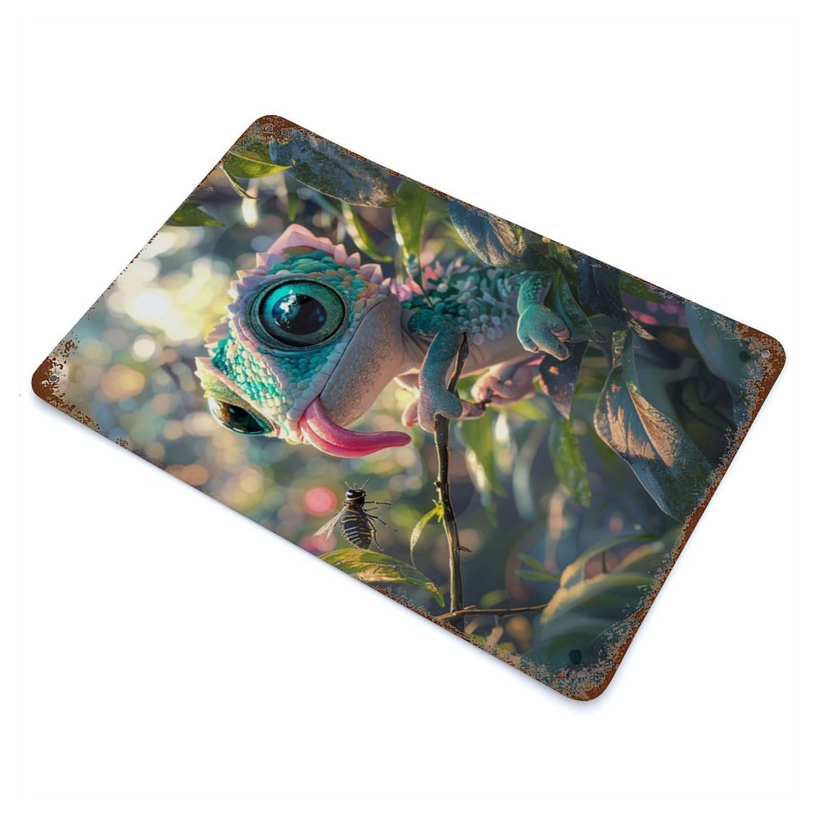 Rustic Tin Plaque with Cute Chameleon with Big Eyes Design 11.8"x7.9", for Cafe, Home Bar And Lounge Decor, Industrial Home Decor