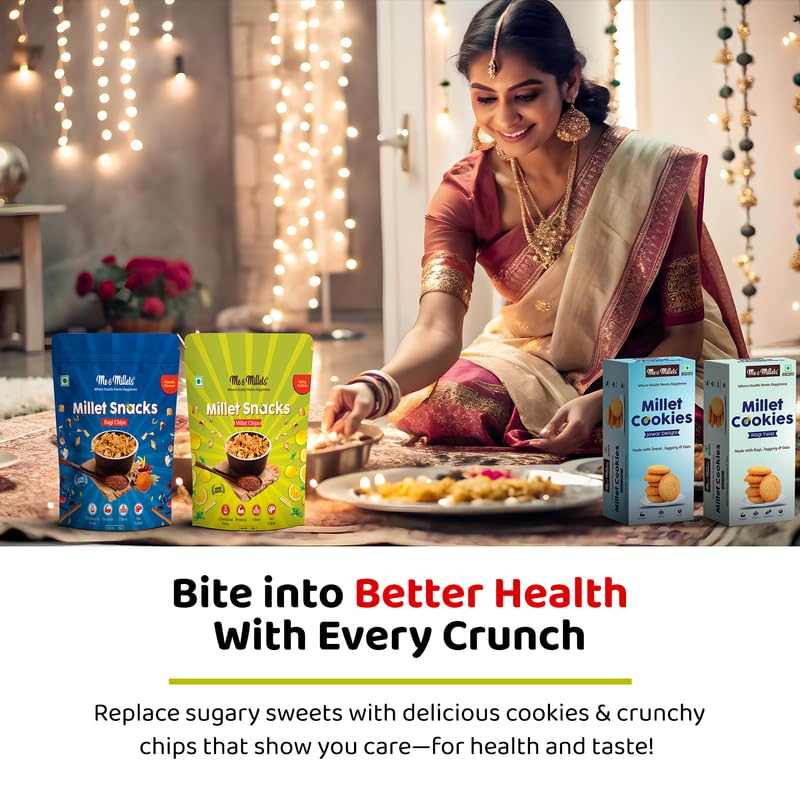 Image of ME & MILLETS Cookies & Chips Gift Pack | Ragi, Jowar Cookies (75g x1 each) + Pudina, Masala Chips (80g x1 each) | No Maida | Jain Friendly | High Fiber | Diwali Gift for Family, Friends & Corporate