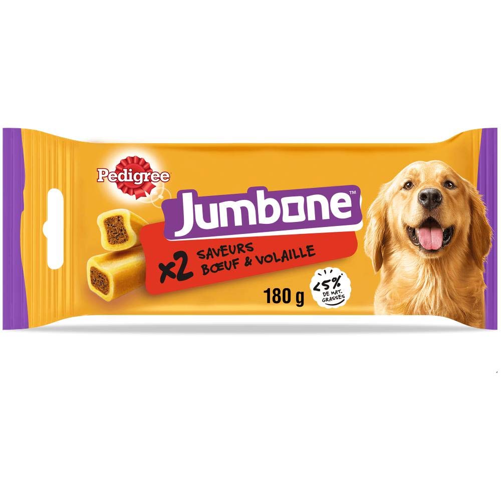PEDIGREE JUMBONE Kauknochen für mittelgroße Hunde, 10 – 25 kg, 12 Beutel mit je 2 Knochen – Leckereien mit Rindfleisch und Geflügel – ideale Belohnung für die Beschäftigung, Erziehung und Freude des