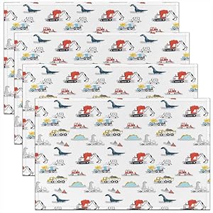 Construction Table Place Mats Set of 4 Equipment Trucks Dinosaur Fabric Table Mats Placemat for Teens 3D Digital Print Kitchen Party Table Mats Construction Vehicles Placemats for Dining Table18 x12