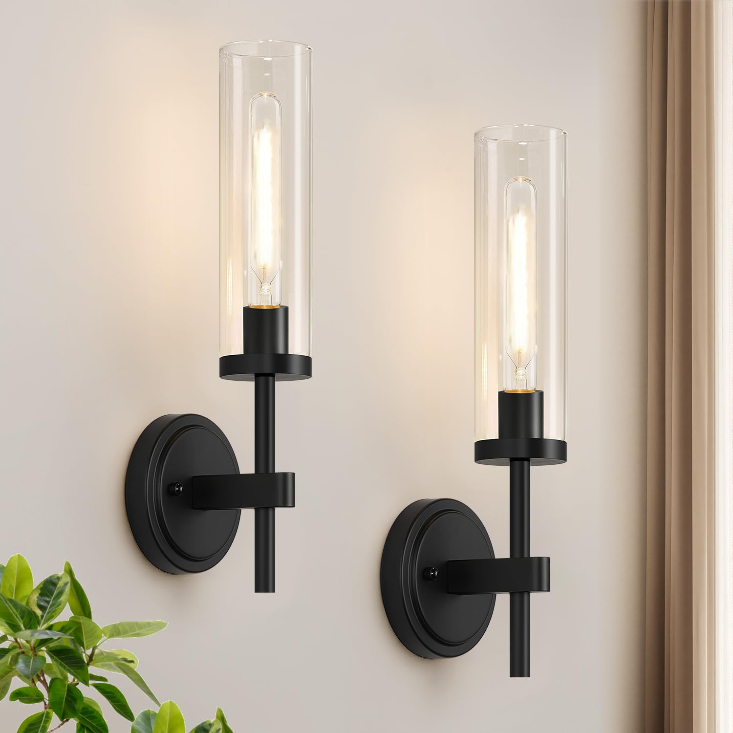 Photo 1 of Hardwired Wall Sconces Set of Two, Matte Black Bathroom Sconces with Clear Glass, Modern Wall Light Fixtures for Bathroom Mirror Vanity, Living Room, Bedroom, Hallway, Stairway, Cabinet, Foyer