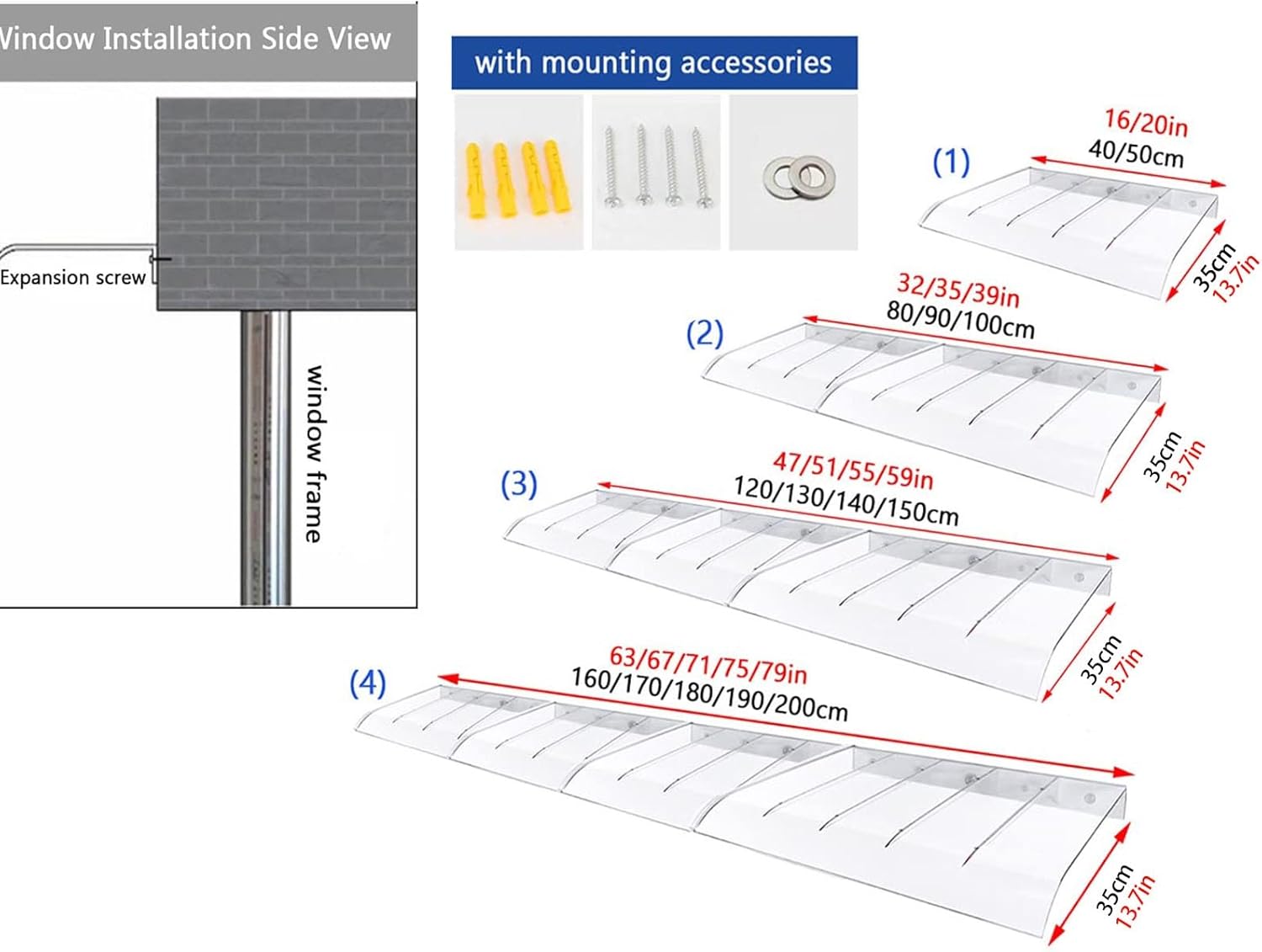 Window Awning Door Awning, Awning Canopy Front Door Outdoor Patio Outdoor Polycarbonate Cover, Sunshade，UV Protection and Rain Protection(Brown,50x100cm/19.6x39in)