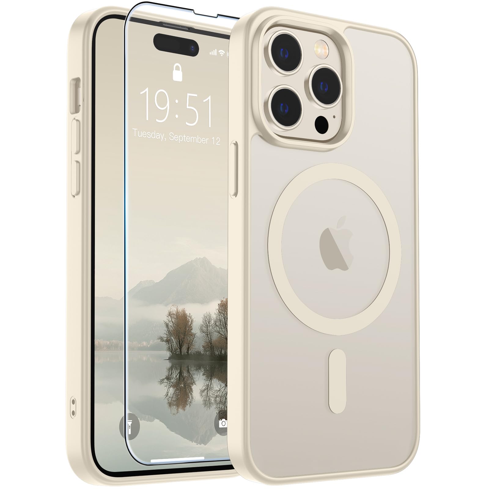 SUPFINE Magnetic for iPhone 14 Pro Max Case Antique White | With Screen Protector, Translucent Matte, Compatible with MagSafe, Military Grade Drop Proof, Rugged Shockproof Protective