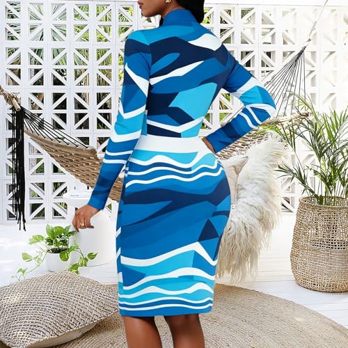 Image of MsavigVice Bodycon Dress Women Mandarin Collar Long Sleeve Knee Length | Vibrant abstract prints with bold varied hues, soft stretch fabric contours curves for sleek versatile everyday styling
