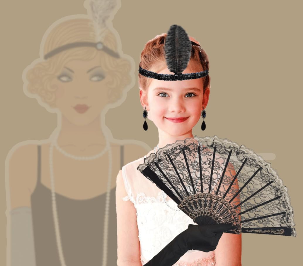 6 Pcs Girl's Fashion Flapper Dresses Costume Set Roaring 1920s Flapper Dresses Accessories Includes Feather Headband Gloves Fan and Pearl Decorations for Halloween Children Birthday Party Favor Gifts image 5 of 5 B0CFF6WCX9