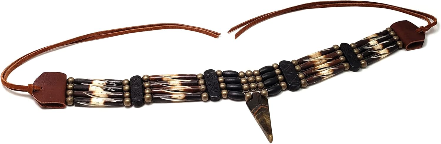 Traditional 4 Row Carved Buffalo Bone Hairpipe Beads Tribal Choker Necklace with Arrowhead Pendant