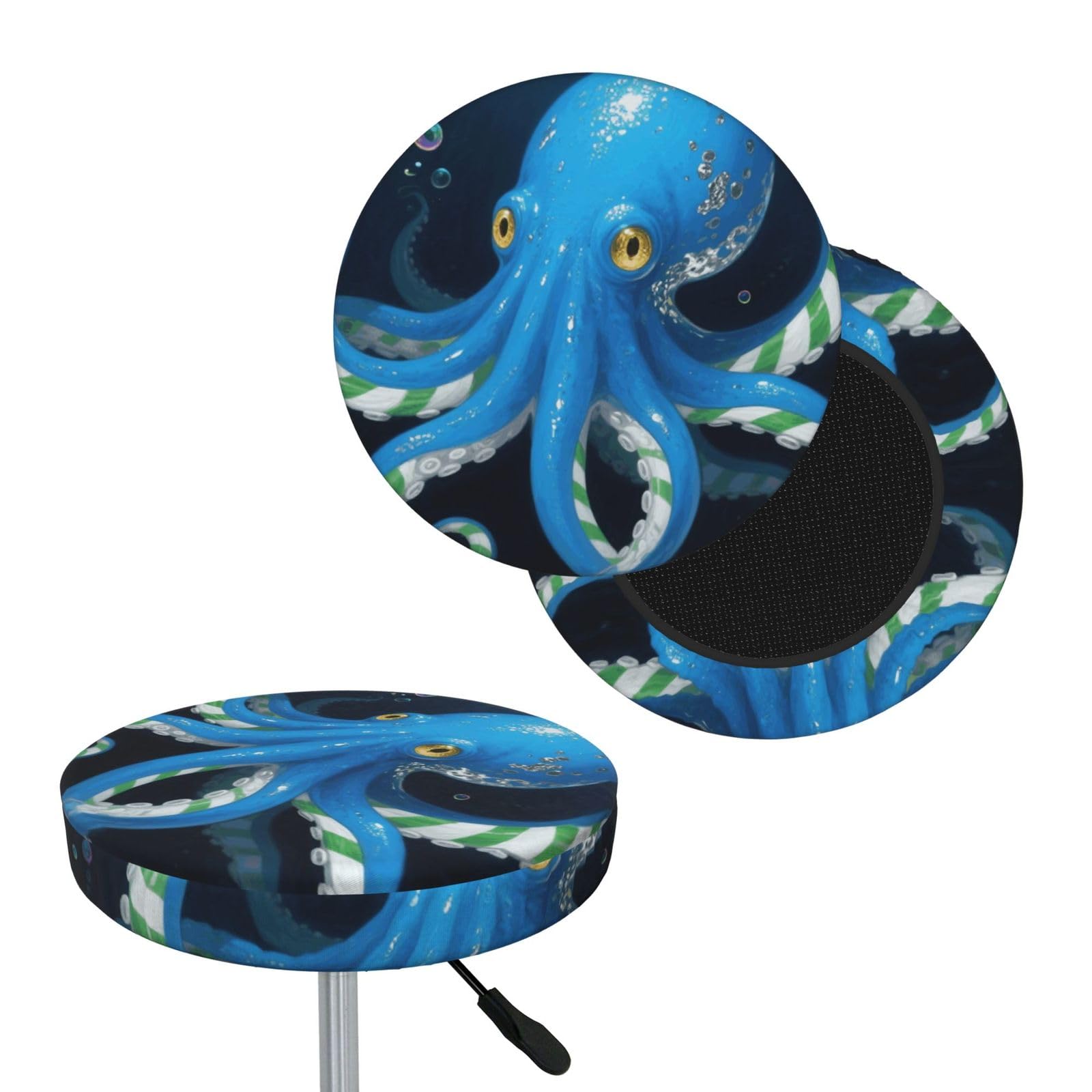 FekiLoot Blue Octopus Round Bar Stool Covers Stretch Washable Bar Stool Covers Dustproof Slipcover Bar Chair Covers with Elastic Band for Bar Kitchen Living Room Decor 14 Inch