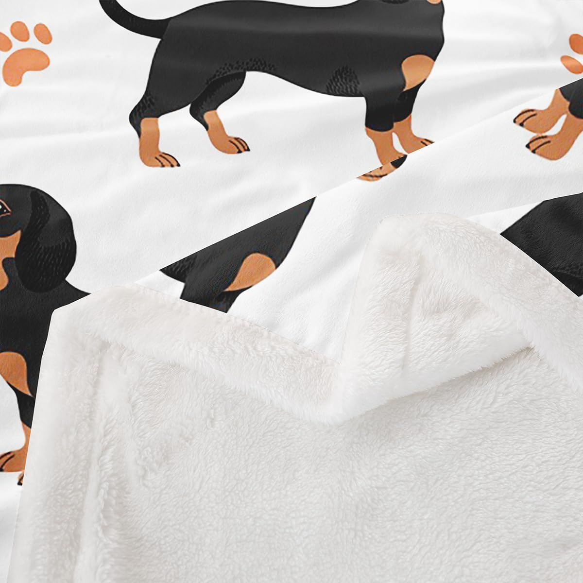 Cute Puppy Comfort Fuzzy Blanket Dachshund Sausage Fleece Sherpa Throw Blanket Cartoon Weiner Dog Paw Print Plush Blankets and Throws Home Bed Couch Sofa All Season Microfiber White 50 X 60 Inch