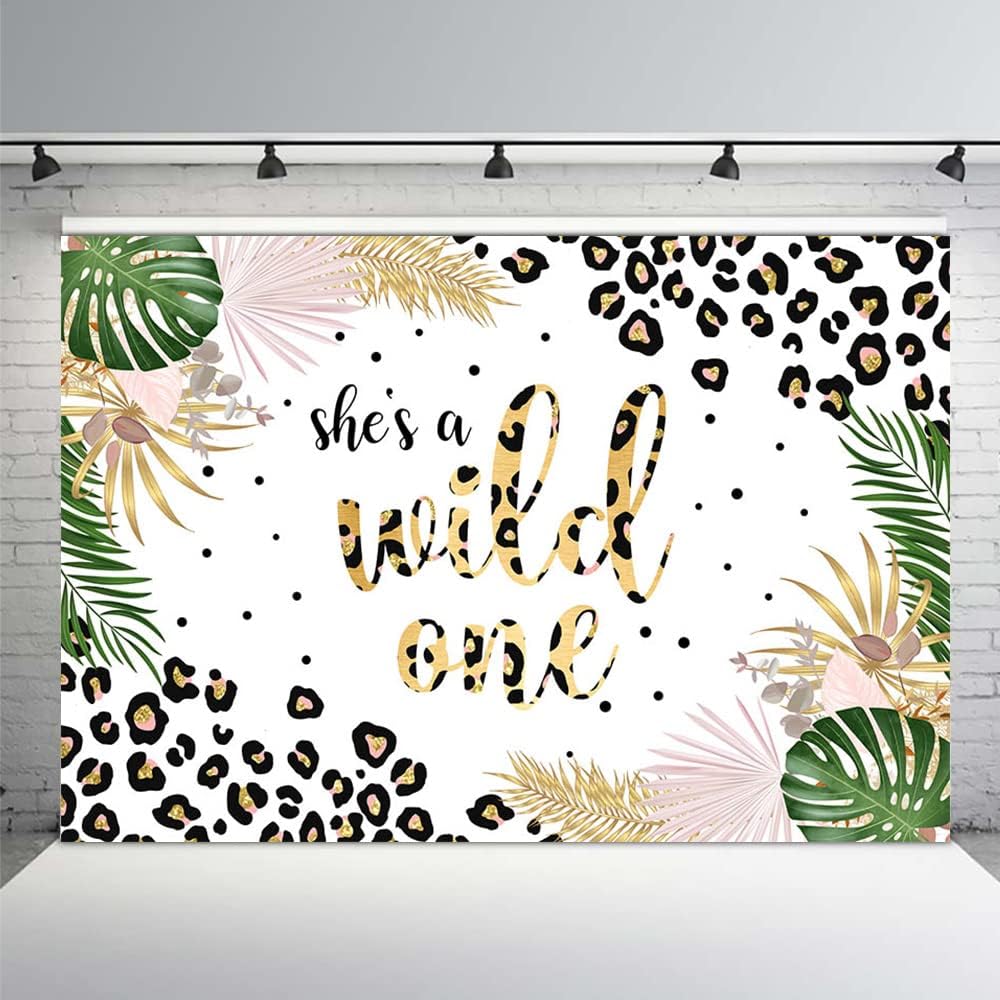 MEHOFOND 8x6ft She is a Wild One Leopard Photo Backdrop Banner for Girls 1st Birthday Jungle Safari Rainforest Palm Leaves Photography Background Bday Party Decor Photoshoot Studio Props