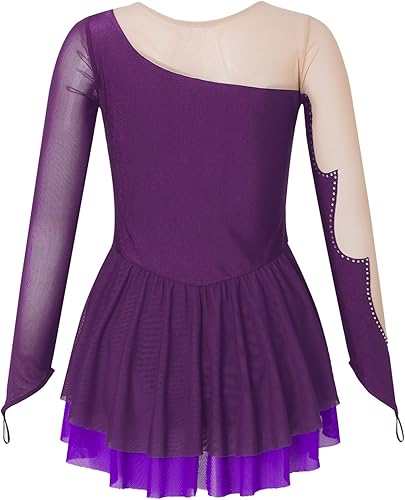 Miniatura 2 de Vestido de patinaje sobre hielo brillante para niñas, manga larga, leotardo de gimnasia, vestido de patinador, ballet, ropa de baile