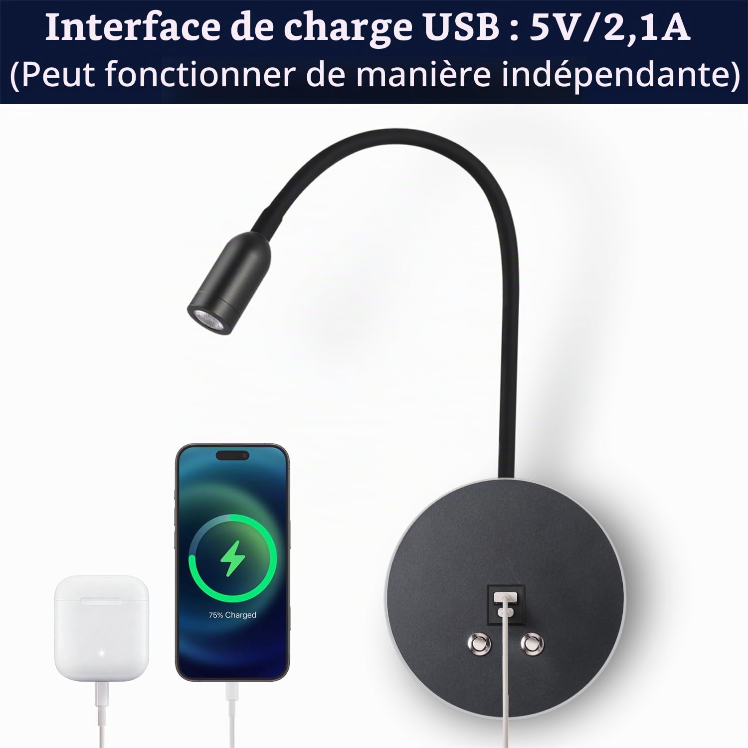 3W+6W LED Liseuse murale, Lampe De Chevet applique liseuse 3000k avec interrupteur tactile à variateur et recharge USB, Cygne Flexible applique lampe Chambre pour la chambre à coucher, Noir