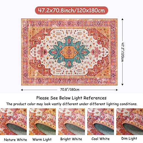 Moynesa Ultra-Thin Washable Area Rug - 4x6 Pink Rugs for Bedroom Girls Vintage Rug for Living Room, Non Slip Non Shedding Low Pile Indoor Throw Carpet for Nursery Office Entryway Kitchen Foyer