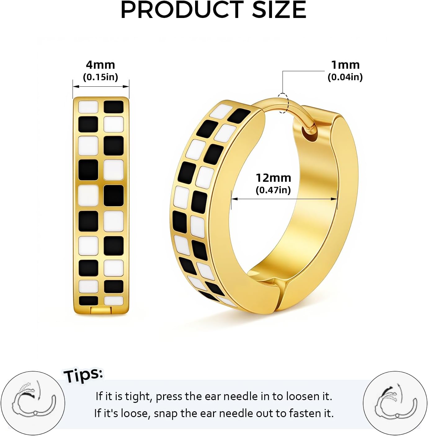 Checkered Small Hoop Earrings for Women, Hypoallergenic Gold Plated Silver Huggie Hoops for Men Surgical Stainless Steel Black and White Chequer Statement Earring - Image 2