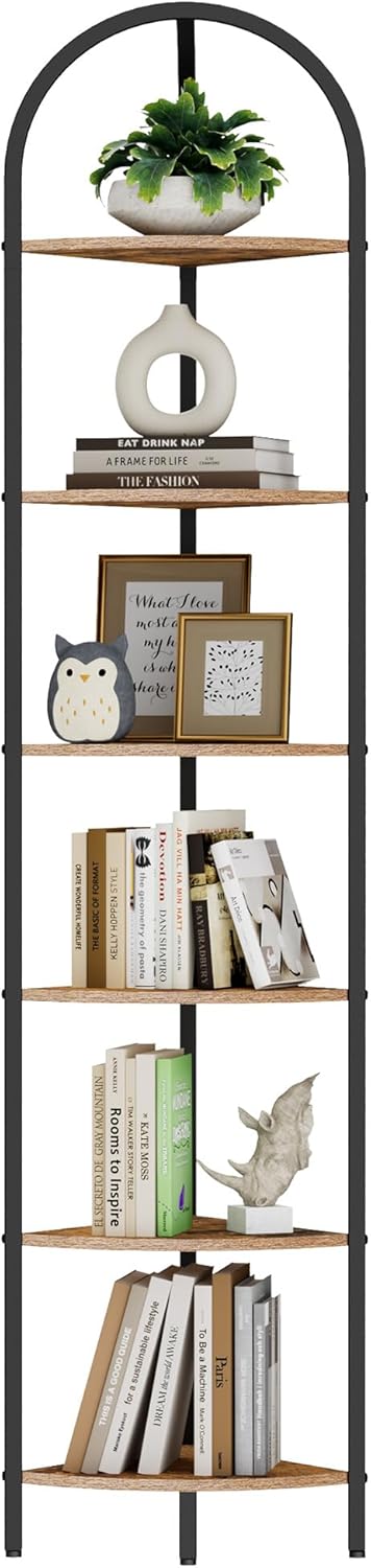 6-Tier Corner Shelf Stand, Wall Corner Bookshelf with Metal Frame, Bathroom Storage Rack Shelf, Plant Stand, Industrial Style, Rustic Brown and Black