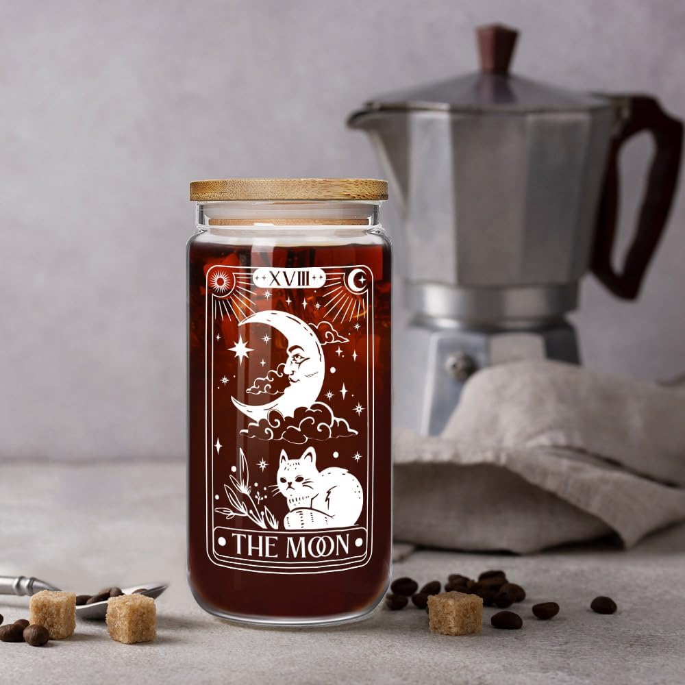 The Moon Tarot Card Cat Glass Cup Gifts for Women Girls Bestie Girlfriend Pet Lover, Funny Meow Witchy Cats Iced Coffee Glass Gift for Cats Mom, Mystical Spooky Cute Witchy Gothic Graduation - Image 2