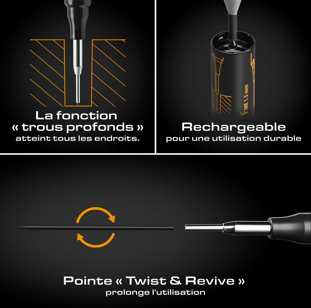 Pica Ink‑Set | 3 marqueurs de trous profonds noir rouge bleu | Pointe 1,5 mm | Marqueur permanent pour zones difficiles | Idéal pour perçages | Résistant à l’eau